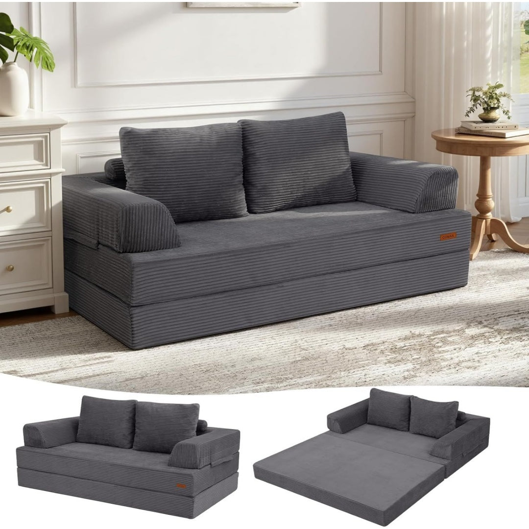 Eine ausziehbare Konstruktion und eine klappbare Konstruktion an dem Sofa