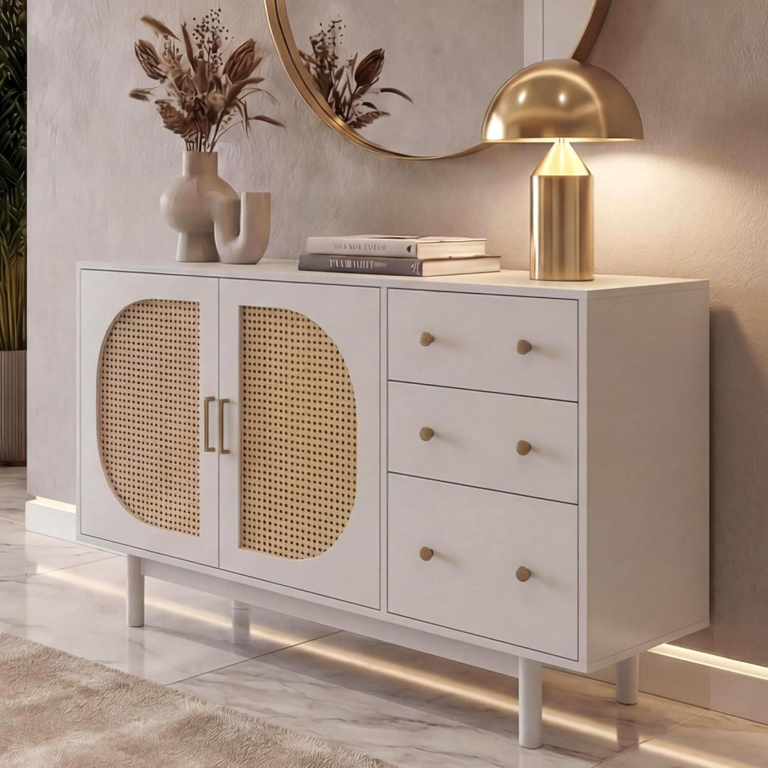 Beschichtete Flaechen und Flechtoptik an dem Sideboard