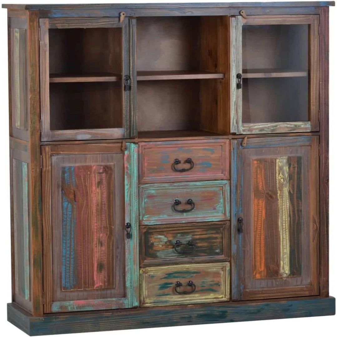 Der Hochschrank misst 142 x 141 x 40 cm in Mehrfarbig