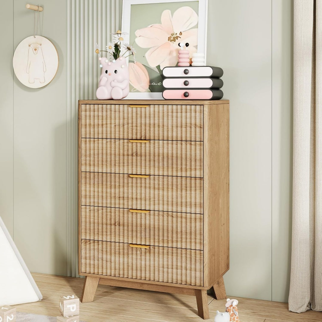 Sideboard mit gerundeten Konturen, 5 Schubladen und Holzoptik