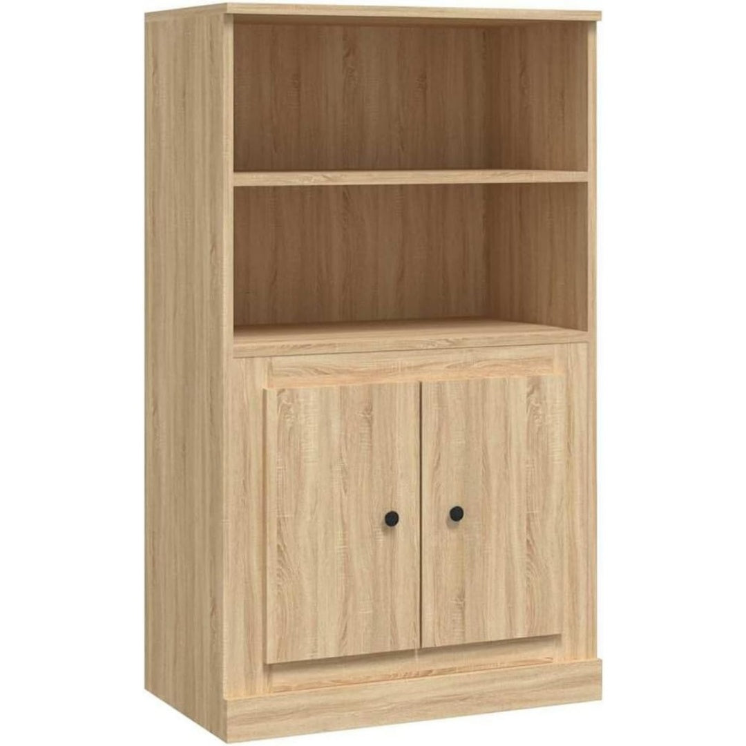 Offene obere Faecher ueber einer hellen Holzschrankfront