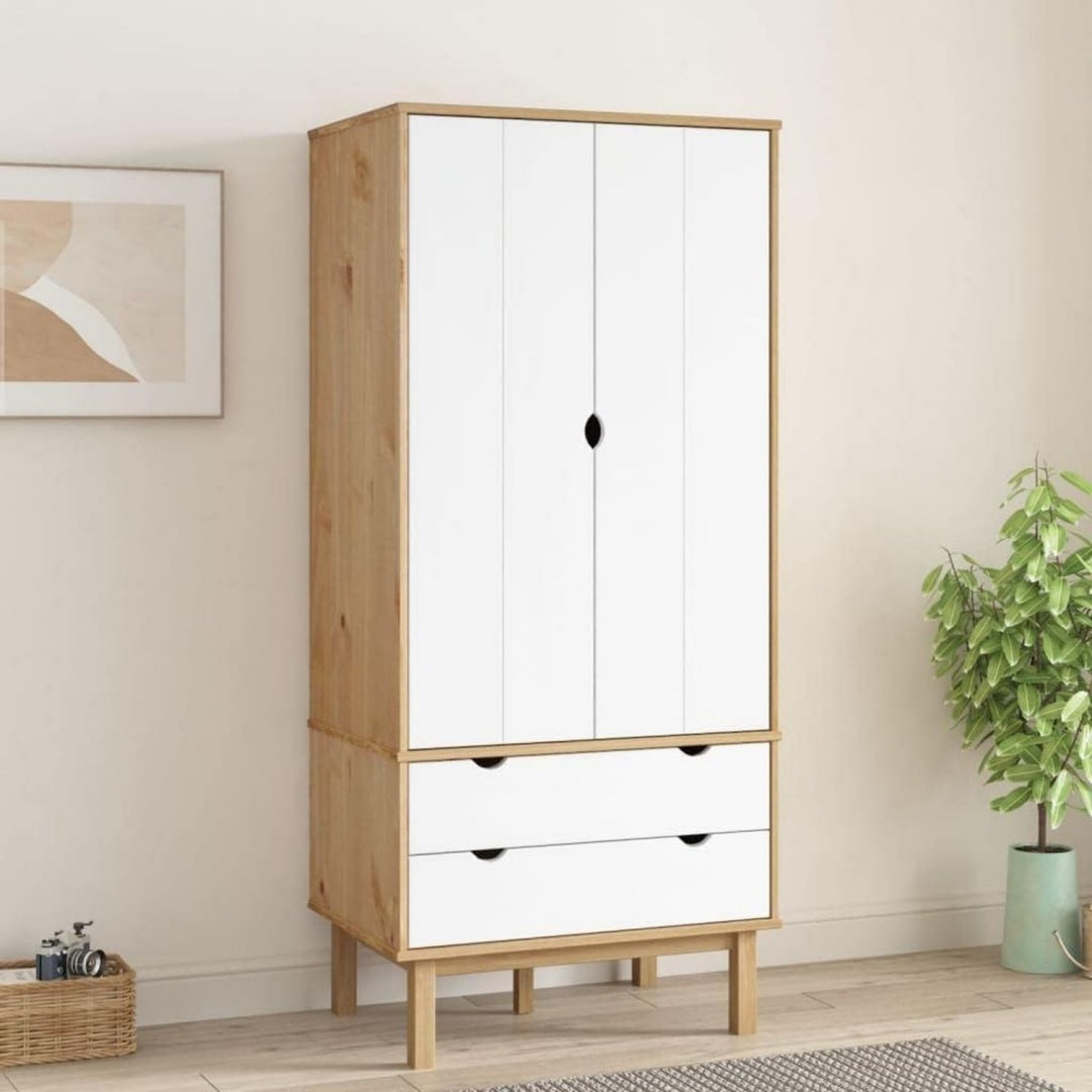 Kleiderschrank aus Massivholz und Kiefernholz in Weiss und Naturbraun