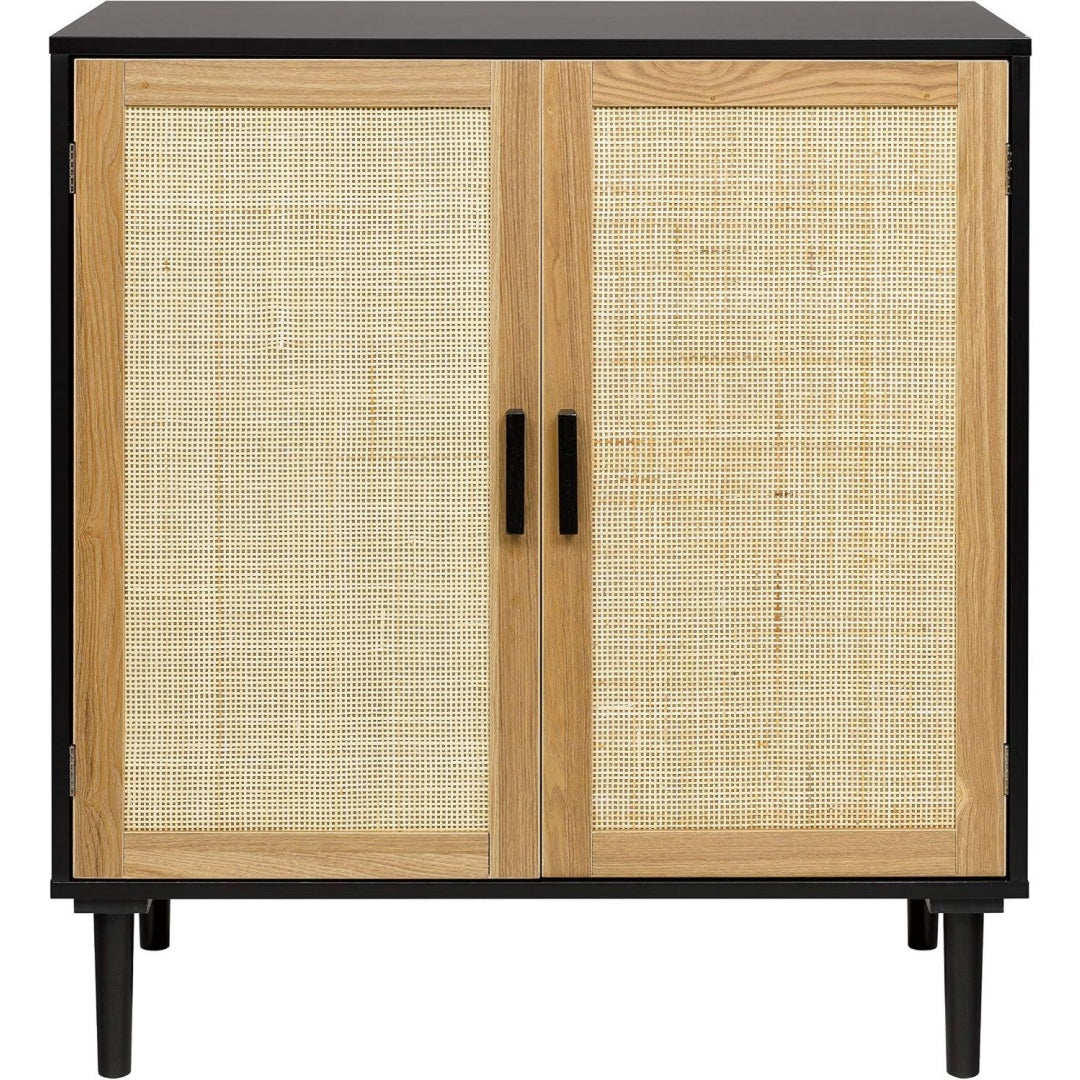Sideboard mit verstellbaren Ablagen, Flechtoptik und Holzbeinen