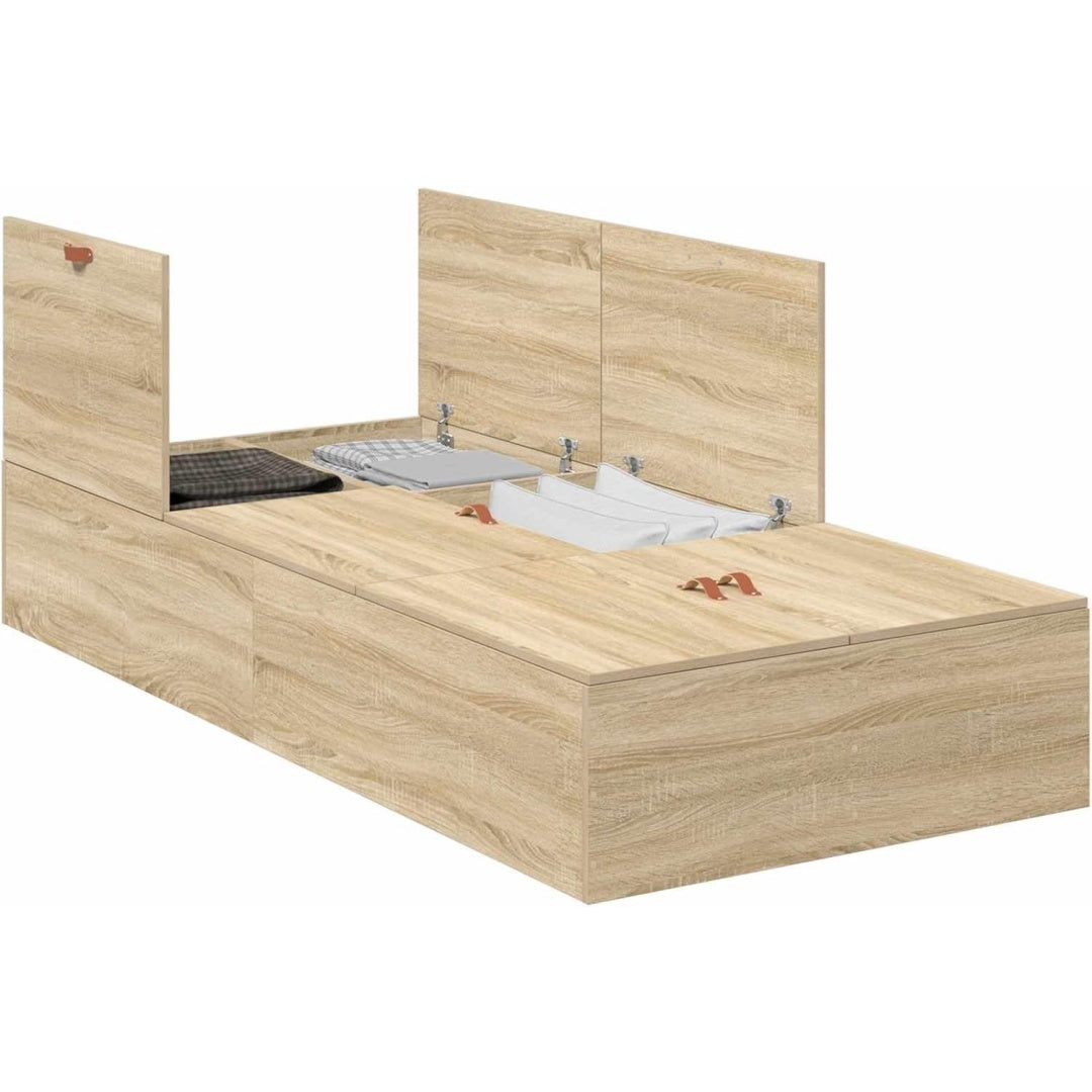 Das Bettgestell verbindet seine Form mit Holzwerkstoff